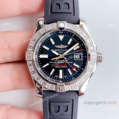 Noob Factory V2 Breitling Avenger II GMT Replica Watch Black Dial Diamond Bezel